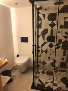 W łazience znajduje się toaleta i przeszklony prysznic. w obiekcie KOTRABA ALAÇATI BUTİK Hotel w mieście Alaçatı