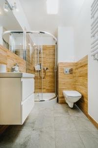 a bathroom with a shower and a toilet and a sink at Obiekt Noclegowy OCELOT II in Pruszków