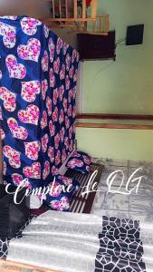 a bedroom with a bed with a blue and pink curtain at Complexe le QG in Niaga