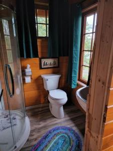 ein Badezimmer mit einem WC, einem Waschbecken und einer Badewanne in der Unterkunft The Eagle's Nest Treehouse Cabin in Palmer