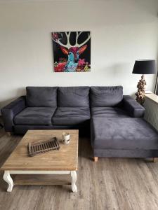 ein Wohnzimmer mit einem Sofa und einem Couchtisch in der Unterkunft Apartment Annis Panoramablick Pool Sauna Tennis in Obertal