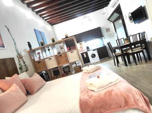 salon z 2 łóżkami i kuchnią w obiekcie Apartamento Loft Puerto de Gades w Kadyksie