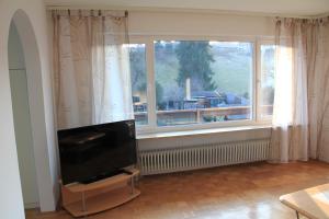 ein Wohnzimmer mit einem TV und einem großen Fenster in der Unterkunft Ferienwohnung Landsberg am Lech in Landsberg am Lech