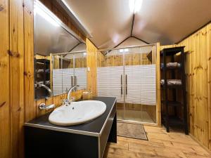 a bathroom with a white sink and a shower at Wadi Rum Camp in Wadi Rum
