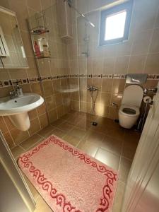 a bathroom with a toilet and a sink and a rug at 10 minutes to Trabzon city Full view special villa in Kisarna