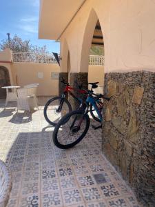 a bike is parked next to a stone wall at Dar izem in Tafraout