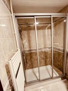 a shower with a glass door in a bathroom at Villa Playa Portomayor BUEU in Bueu