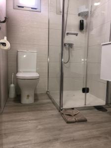 a bathroom with a toilet and a glass shower at Apartamentos NataLis in Morro del Jable