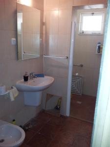 W łazience znajduje się umywalka oraz prysznic z lustrem. w obiekcie Apartamento Alcobaca w mieście Alcobaça