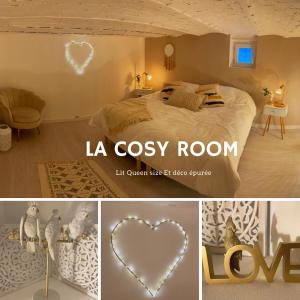 eine Collage mit Bildern eines Schlafzimmers mit Herzdekoration in der Unterkunft Villa avec maxi Jacuzzi aux Portes de Paris in Arcueil