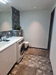 a bathroom with a washing machine and a sink at Ihana huoneisto Tallinnan Rotermannin keskustassa. in Tallinn