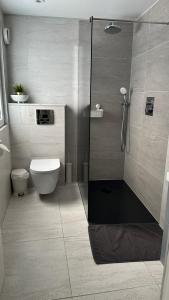uma casa de banho com um chuveiro e um WC. em Stunning new 1 bedroom apartment em Londres