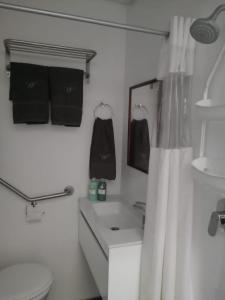 a bathroom with a sink and a toilet and towels at Wild Artz 2 in Cape Town