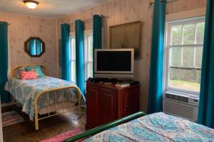 1 dormitorio con TV en un tocador con cama en Diver Down Cottage, en Carrabelle