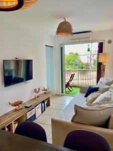 uma sala de estar com um sofá e uma televisão em La Frégate - appartement à 100 m de la plage em Saint-Cyr-sur-Mer