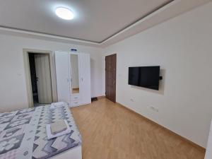 Schlafzimmer mit einem Bett und einem Flachbild-TV in der Unterkunft Apartman Tološi in Podgorica