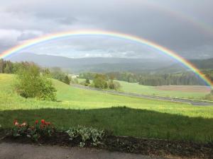Un arcobaleno nel cielo sopra un campo con dei fiori di Ferienwohnung Fernblick Breitenberg a Breitenberg