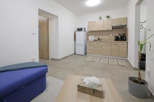 a living room with a blue couch and a kitchen at Fara No71 apart 3 in Libice nad Cidlinou