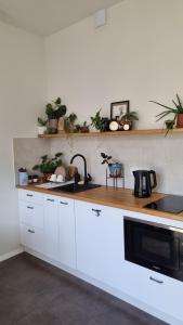 cocina con armarios blancos y microondas negro en Kyiv Jungle apartment, en Kiev