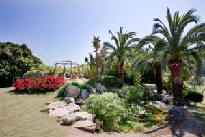 um jardim com palmeiras, rochas e flores em Ona Palmira Paradise em Paguera