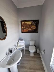 a white bathroom with a sink and a toilet at Huis van Brood Guesthouse in Malmesbury