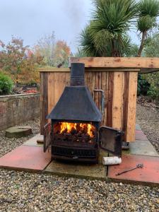 a fire pit in a yard with at Sheepwash Shepherds Hut in Bebside