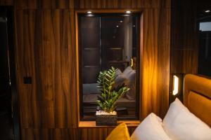 a bedroom with a mirror and a potted plant at MaLux Nis in Niš +7 photos