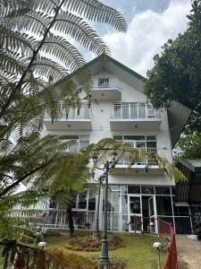 a white building with palm trees in front of it at Misty Paradise of Lake Gregory in Nuwara Eliya