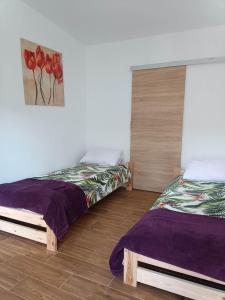 a bedroom with two beds and a painting on the wall at Viking Rożnów in Rożnów