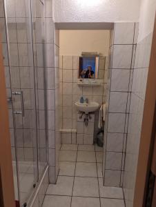 a bathroom with a shower and a sink and a mirror at Hotel Heideklause in Cologne