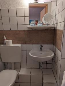 Baño pequeño con aseo y lavamanos en Hotel Heideklause, en Colonia