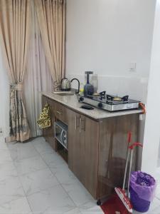a kitchen with a sink and a stove top oven at Andrea’s Home in Abuja