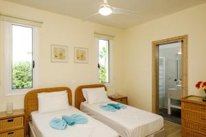 two beds in a room with two windows at Cape Greco Villa Anastel 2 in Ayia Napa