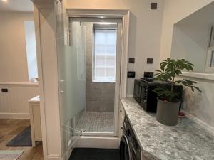 a shower with a glass door in a bathroom at Stunning and luxurious Manor House holiday home in Broadmayne