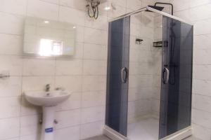 a bathroom with a shower and a sink at TFP Lodge in Ibadan