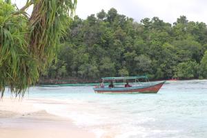 a boat in the water next to a beach at Biryei Homestay in Pulau Birie