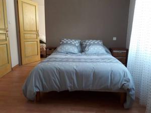 łóżko z niebieskimi poduszkami w sypialni w obiekcie Apt en Luberon avec garage privé w Apt