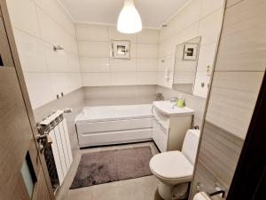 uma casa de banho com uma banheira, um WC e um lavatório. em Marcos Apartments - Stanisoarei - self check-in em Reşiţa