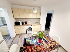 Una cocina con una mesa con una planta encima. en Marcos Apartments - Stanisoarei - self check-in, en Reşiţa 15 fotos más