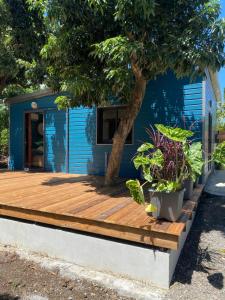 a blue tiny house with a wooden deck at Le Palan in Saint-Pierre