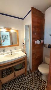 a bathroom with a sink and a toilet and a mirror at MALDIVES Joli T2 cabine proche plage Richelieu Cap d'Agde in Cap d'Agde