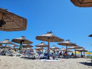 a group of umbrellas and chairs on a beach at Miha's Apartament Sulina in Sulina