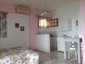 a small room with a bed and a kitchen at Travlos Studios in Póros Kefalonias
