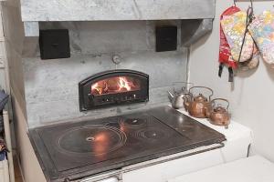 cocina con fogones y chimenea en Villa Mäntysaari luonnonrauhaa kaupungin lähellä., en Kontiolahti