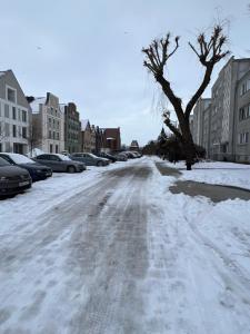 a snow covered street with cars parked on it at Apartament Stare Miasto Malbork in Malbork