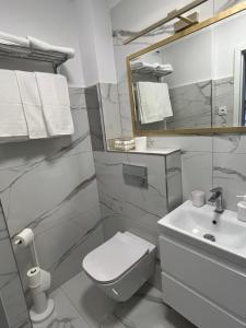 a white bathroom with a toilet and a sink at Apartament Stare Miasto Malbork in Malbork