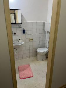 bagno con servizi igienici, lavandino e tappeto rosa di Mance apartments a Paraćin