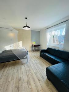 a living room with a bed and a couch at Apartamenty Happy & Relax in Bielsko-Biała