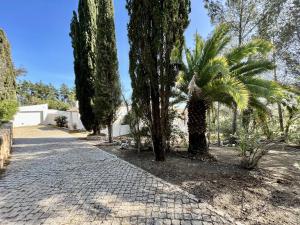 a cobblestone driveway with trees and a palm tree at Portimão Bellevue Villa With Pool by Homing in Portimão