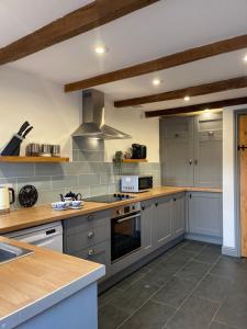 La cuisine est équipée de placards gris et d'un four avec plaques de cuisson. dans l'établissement Cilhendre Holiday Cottages - The Dairy, à Swansea